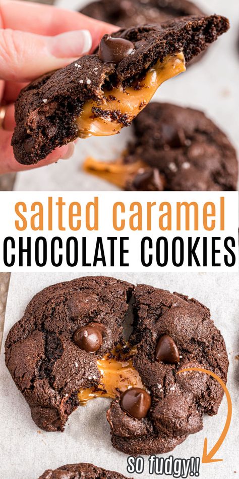 If you love sweet and salty treats, you'll love these Salted Caramel Cookies! Sprinkled with a touch of sea salt and speckled with chocolate morsels, these decadent chocolate cookies are as close to perfect as it gets. Chocolate Salted Caramel Cookies, Salted Caramel Cookies Recipe, Caramel Cookies Recipes, Dark Chocolate Salted Caramel, Chocolate Caramel Cookies, Salty Cookies, Caramel Treats, Salted Caramel Cookies, Chocolate Cookie Dough