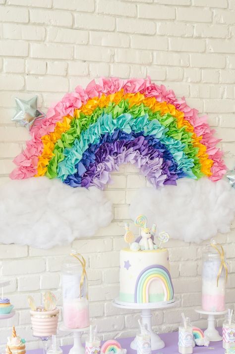 DIY Rainbow Party Backdrop using different colored paper napkins and white fluff. So clever! Don’t miss all the Unicorn Birthday Party Ideas at Mint Event Design www.minteventdesign.com #unicornparty #birthdayparty #birthdaypartyideas #pastelrainbow #desserttable #partybackdrop Rainbow Unicorn Birthday Party, Unicorn Birthday Party Decorations, Rainbow Party Decorations, Rainbow Unicorn Party, Unicorn Themed Birthday Party, Rainbow Parties, Rainbow Unicorn Birthday, Birthday Party Printables, Unicorn Party Decorations