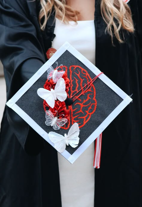 Future Therapist Graduation Cap, Ba In Psychology Grad Cap, Science Cap Decoration, Psych Cap Graduation, College Cap Decorations Psychology, Psychology Grad Cap Ideas, Ba Psychology Graduation Cap, Psych Grad Caps, Brain Graduation Cap