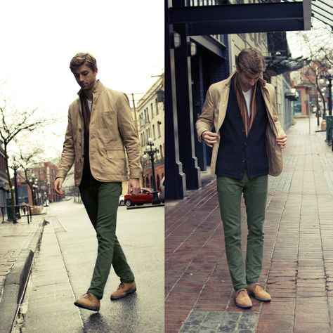 moss-green pants. Love. Khaki Chinos Men Outfits, Green And Khaki Outfit, Outfit Color Combos, Men Outfits Streetwear, Chinos Men Outfit, Chinos Men, Khakis Outfit, Green Pants Outfit, Brown Jacket Men