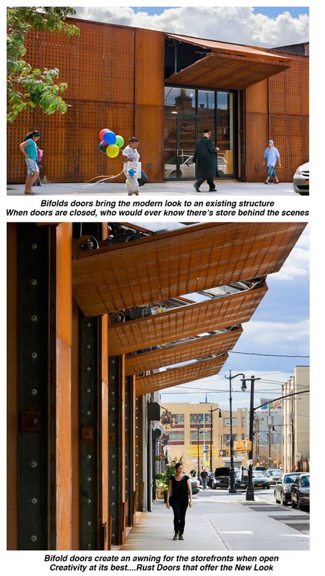 perforated metal rusted metal storefront... hydraulic bi-folding doors open to create awning Storefront Doors, Overhead Door, Perforated Metal, Rusted Metal, Hus Inspiration, Folding Doors, Photo Of The Day, Facade Architecture, Metal Door