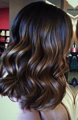 Deep brunette with caramel foil highlights. Balayage Brunette Medium, Brunette Bayalage, Dark Balayage, Winter Dark, Rich Brunette, Medium Curly Hair Styles, Hair Done, Balayage Brunette, Ombre Hair Color