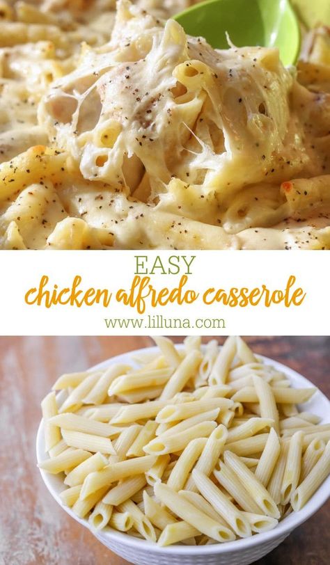 Cheesy Chicken Alfredo Casserole is a simple twist on a family favorite! It's an easy dinner, perfect any night of the week. #chickenalfredobake #chickenalfredo #pastabake #chickenalfredocasserole #pasta Baked Chicken Alfredo Pasta Casseroles, Chicken Alfredo Pasta Recipes Easy, Cheesy Chicken Pasta Bake, Alfredo Baked Pasta, Easy Chicken Alfredo Recipe, Chicken Alfredo Bake Recipe, Cheesy Chicken Alfredo, Alfredo Casserole, Grilled Pineapple Chicken