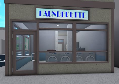 Ice Decal Bloxburg, Bloxburg Store Exterior, Bloxburg Laundromat Exterior, Bloxburg Laundromat Ideas, Bloxburg City Stores, Bike Rack Bloxburg, Small Town Buildings, Laundry Mat Bloxburg, Bloxburg City Shops