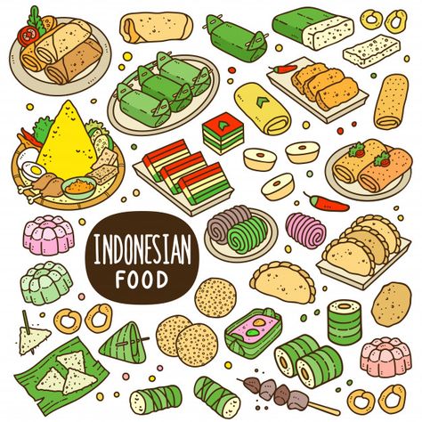 Snack Cartoon, Food Doodles, Food Cartoon, Food Illustration Art, Vector Food, Color Illustration, Food Backgrounds, Buku Skrap, Indonesian Food