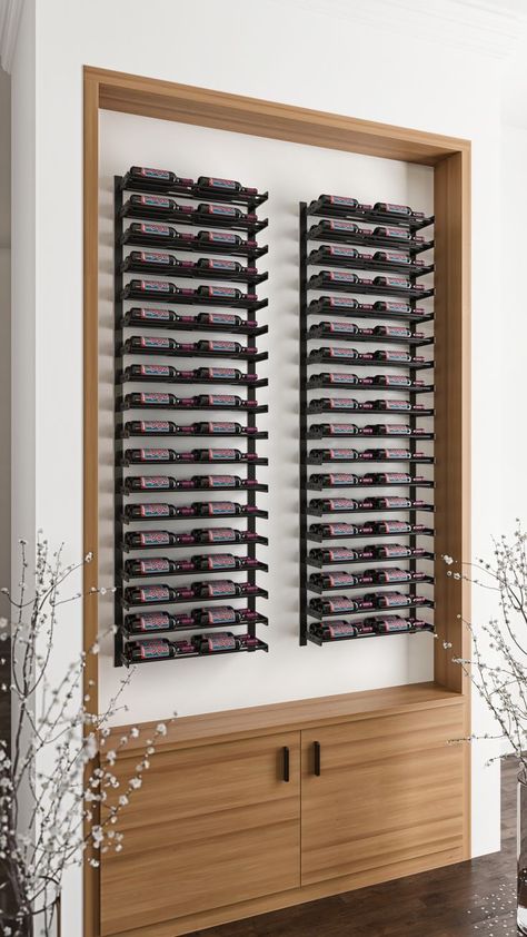 Wine Wall Display, Wine Storage Wall, Wine Cellar Cooling Unit, Modern Wine Storage, Wine Bottle Wall, Mounted Wine Rack, Industrial Chic Design, Wine Closet, Home Wine Cellars