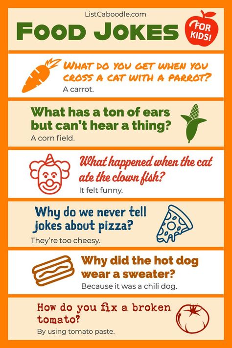 The best food jokes for kids Food Jokes For Kids, Jokes For Kindergarteners, Lunch Jokes, Funny Food Jokes, Kid Jokes, Kids Jokes, Food Jokes, Kids Questions, Lunchbox Jokes