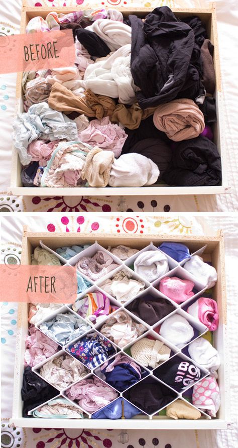 For extra organization, you can use dividers to end drawer chaos. Ideas Para Organizar Ropa, Bilik Kecil, Simple Organization, Dorm Hacks, Organization Hacks Bedroom, Koti Diy, Diy Rangement, Room Hacks, Diy Projektit