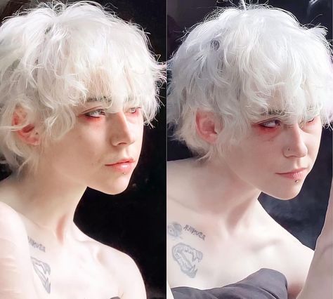 Albino Oc Male, Short Fluffy White Hair, Blonde Hair Styles Men, White Curly Hair Men, White Hair Curly, White Fluffy Hair, White Haired Boy, White Hair Aesthetic, White Hair Male