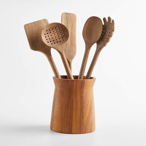 Crate & Barrel Acacia Utensils with Holder, Set of 6 + Reviews | Crate & Barrel Best Kitchen Utensil Set, Wood Utensil Holder, Wood Cooking Utensils, Pasta Spoon, Wipe Holder, Wood Utensils, Slotted Spoon, Silicon Utensils, Wood Shapes