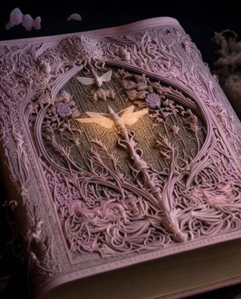 Fantasy Spellbook Aesthetic, Shadow Book Cover Ideas, Fantasy Book Art Magic, Fantasy Box Design, Magic Spell Book Aesthetic, Dnd Journal Cover, Diy Magic Book, Pink Spellbook, Fairy Book Aesthetic