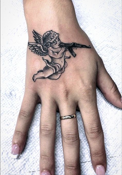 Angel Hand Tattoo, Hase Tattoos, Angle Tattoo, Rosen Tattoo Frau, Alas Tattoo, Tato Paha, Cupid Tattoo, Basic Tattoos, Hand And Finger Tattoos