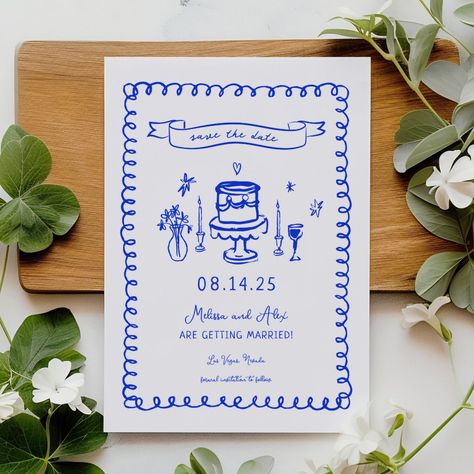 Hand Drawn French Blue Wedding Save The Dates for Your Special Day! Artsy Save The Date, Cobalt Blue Wedding, Save The Date Blue, Behavior Board, French Blue Wedding, Nye Wedding, Hand Drawn Wedding, Save The Date Designs, Nails Today