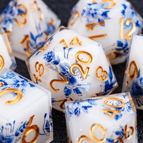 Cool Dnd Dice, Resin Dice, Dungeons And Dragons Dice, Rpg Dice, Dice Box, Dnd Dice, Flower Resin, Dice Set, Blue Flower