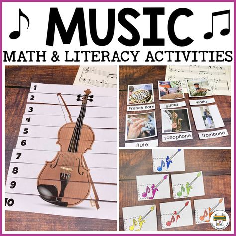 Bring a little music into your preschool activities! This pack of music inspired math and literacy activities are a fun way for children to explore music while working on cognitive development. Practice color matching, number ordering, beginning sounds and more! #preschool #kindergarten #teachersofinstagram #teachersfollowteachers #teachersofig #earlychildhood #earlylearning Preschool Music Theme, Preschool Music Activities, Music Printables, Math Literacy Activities, Music Math, Kindergarten Music, Music Study, Kindergarten Curriculum, Music Making