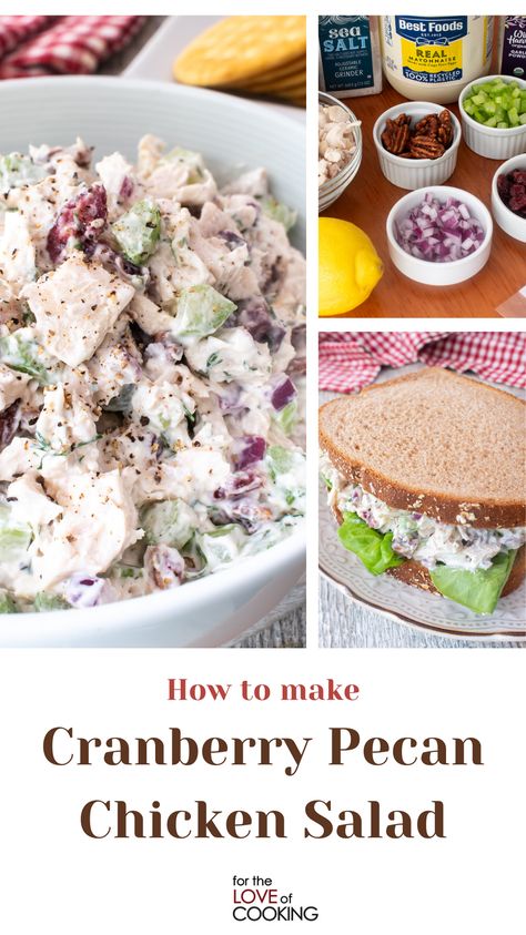 This cranberry pecan chicken salad is filled with tender chicken breast coated in a flavorful tangy dressing, with crisp celery, crunchy pecans, and tart dried cranberries.   New Recipe ~ Cranberry Pecan Chicken Salad  Link: https://fortheloveofcooking.net/recipe/cranberry-pecan-chicken-salad  #recipe #chickensalad #sandwich #salad #chickenrecipes #easyrecipes #chickensaladsandwich #chicken Chicken Salad With Cranberries And Pecan, Parmasean Chicken, Cranberry Chicken Salad Recipe, Pecan Chicken Salad Recipe, Leftover Roasted Chicken, Canned Chicken Salad Recipe, Cranberry Almond Chicken Salad, Cranberry Pecan Chicken Salad, Erin Lives Whole