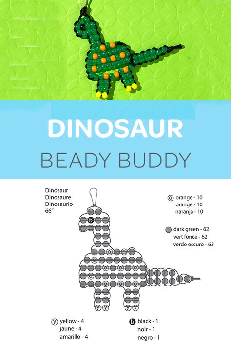 Free Pony Beads Animal Patterns | Make this Pony Bead Dinosaur. It's great for kids to make for backpack, key chain or decoration.This dinosaur bead crafts with step by step instructions are the perfect fun DIY projects for kids.  #ponybeads #kidcraftideas #kidcrafts Beaded Key Chains Animals, Diy Pony Bead Animals, Dragon Pony Bead Pattern, Making Bead Animals, Brad Animal Patterns, Mini Pony Bead Patterns, Dinosaur Pony Bead Pattern, Dino Bead Pattern, Shark Pony Bead Pattern