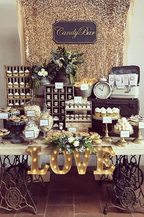 wedding dessert table ideas vintage modern vintage gold candy bar kamalion #ModernWeddingIdeas Dessert Table Ideas Wedding, Vintage Wedding Candy Bar, Gold Candy Bar, Wedding Dessert Table Ideas, Table Ideas Wedding, Vintage Dessert Tables, Wedding Candy Table, Dessert Table Ideas, Dessert Stands