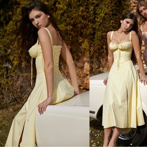 You'll Feel Ultra Feminine In The 'Carmen' Dress That's The Perfect Match For Spring And Summer Garden Parties. It's Cut From Stretch Cotton In A Gorgeous Buttercup Hue And Has A Corseted Bodice To Cinch The Fit With A Beautiful Lace Up Back. The Gathered Bust Has A Drawstring Tie And The Side Split Adds A Little Sexiness To Reveal A Flash Of Leg. It's Fully Lined For Comfort And Has A Zip To The Left Side For Easy On. The 'Regular' Cup Option Suits Cup Size A-C Whilst The 'Bigger' Cup Option Su Anniversary Brunch, Bustier Sundress, Winter Gown, Summer Garden Parties, Champagne Bars, Winter Gowns, Bodycon Gown, Carmen Dress, House Of Cb Dresses