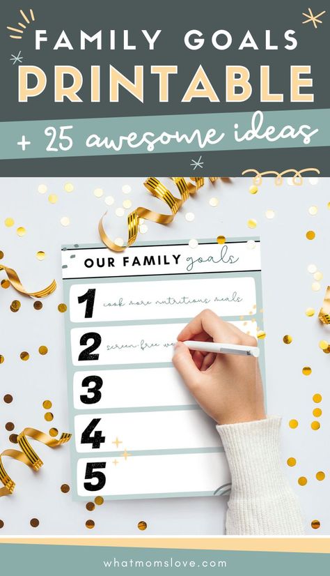 Forget individual New Year's Resolutions, try these fun family goals instead! Get 25 of the best family goal examples + a FREE Printable Goals Template! Family New Year Resolutions Goal Settings, Family Resolutions Printable, Kid New Years Resolutions, 2024 Family Goals, Family New Years Resolution Ideas, Kids Goals For New Year, Family Goals Printable, Family Goal Setting, Family Resolutions