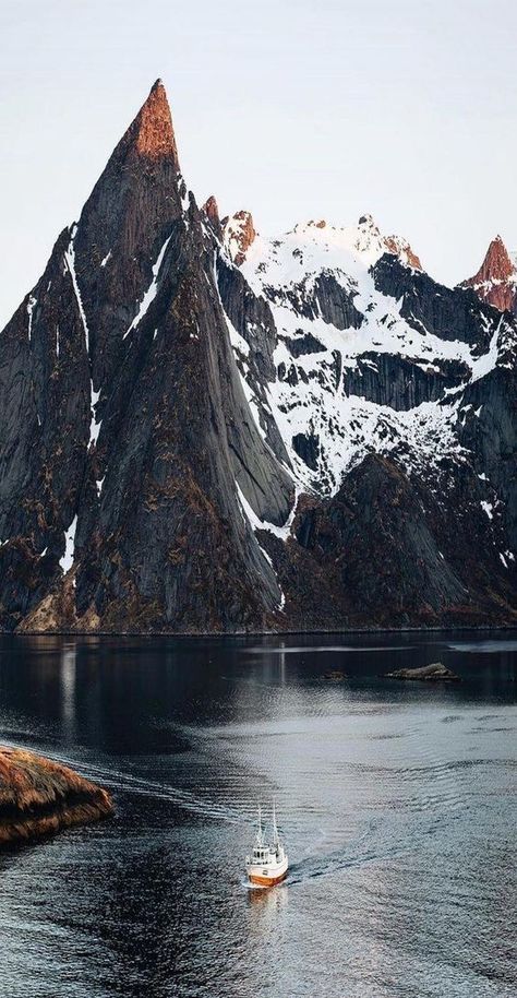 A wintery landscape in Loften, Norway. Lofoten Norway, Magic Places, Lofoten Islands, Alesund, Norway Travel, Personal Aesthetic, Arctic Circle, Fishing Boat, Insta Inspo