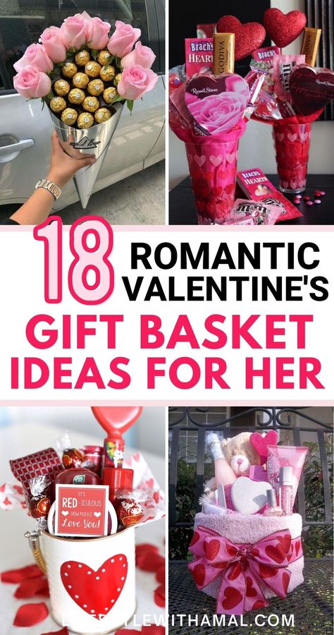 Looking for some cute DIY Valentine's Day Gift Baskets for her? Here are 18 of the sweetest homemade baskets you can 100% she will actually swoon over! If you to impress her this Valentine's Day and show her just how much you care, click on the in to get all the inspiration you need to make your own Valentine's Day gift baskets! These gift baskets are super thoughtful and easy to create so you can easily make these for friends, coworkers and family! Diy Valentine's Gift Baskets, Valentines Baskets For Him, Homemade Valentines Gift, Friend Valentine Gifts, Valentines Day Baskets, Valentine Gift Baskets, Valentine Baskets, Valentine Bouquet, Valentine's Day Gift Baskets