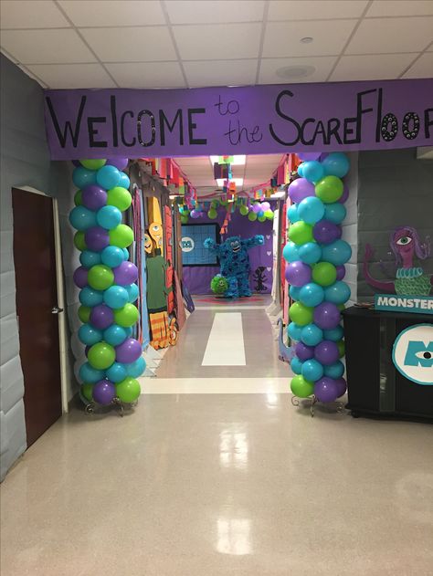 School Hallway Themes Ideas, Monsters Inc Room Transformation, Disney Pep Rally Ideas, Monsters Inc Homecoming Float, Monsters University Party Ideas, Monsters Inc Classroom Transformation, Disney Theme School Hallway, Disney Homecoming Decorations, Monster Inc Hallway Decorations