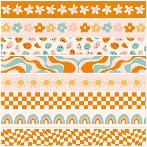 PRICES MAY VARY. The Amount of Package - Comes with 72pcs boho theme bulletin border stickers in 8 designs, each design contains 9pcs, sufficient for classroom decoration. Retro Groovy Patterns - Our bulletin border stickers have diverse designs, boho flower, funny face, rainbow, sun, checkered, etc., mainly in orange color, well in line with retro groovy theme, perfect bulletin board decorations. Premium Material - Made of good material paper, durable and safe, easy to stick and peel, you can e 60s Classroom, Groovy Classroom Theme, Boho Bulletin Board, Office Party Decor, Groovy Classroom, Groovy Theme, Stickers For School, Flower Funny, Rainbow Checkered