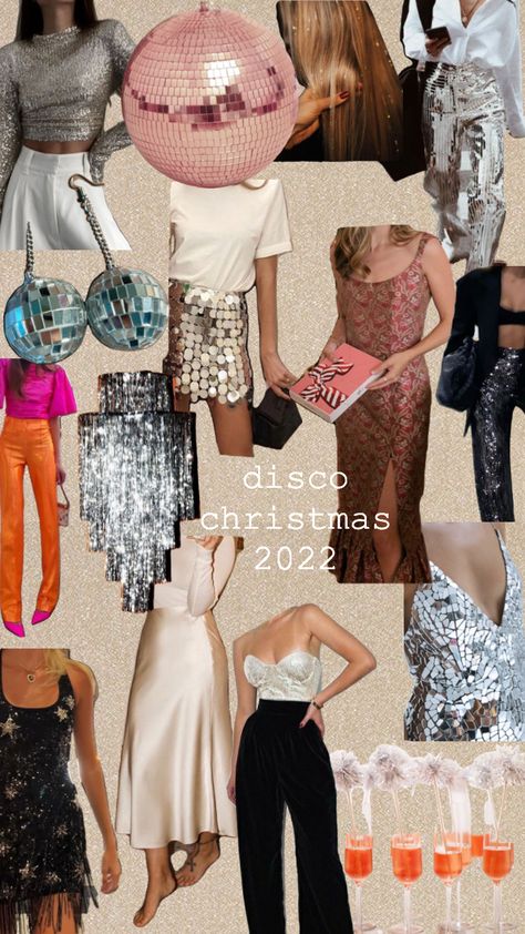 disco christmas party🪩 #vintageaesthetic #outfits #outfitinspo #moodboardinspo #moody #discoballaesthetic Disco Bar Outfit, Retro Christmas Party Outfit, Disco Christmas Aesthetic, Disco Christmas Party Outfit, Disco Holiday Party, Christmas Disco Party, Disco Christmas Decorations, Disco Snowman, Disco Theme Party Outfit