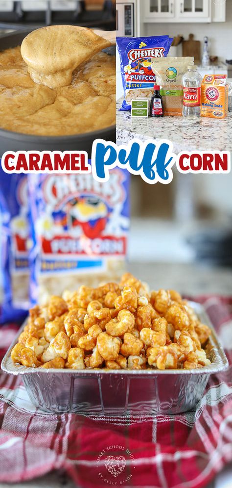 Caramel Corn With Puff Corn, Caramel Cheese Puffs, Cheeto Puff Carmel Corn, Caramel Puff Corn Recipe Microwave, Christmas Puff Corn White Chocolate, Christmas Puffcorn Recipes, Puff Carmel Popcorn, Carmel Corn Puff Recipe, Popcorn White Chocolate M&m