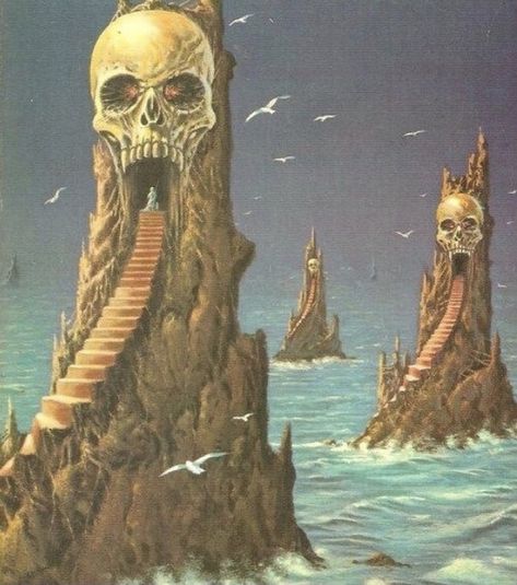 Three Skull Mountains by the Sea - From the Best of Frank Herbert 1952-1964 (pub 1976) Bruce Pennington Art, Retro Sifi Art, Dark Retro Fantasy Art, Retro Fantasy Aesthetic, 70s Fantasy Art, Retro Fantasy Art, Vintage Fantasy Art, Bruce Pennington, Arte Pulp