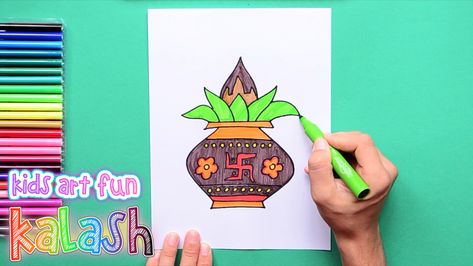 How to draw and color a Kalash - Diwali Special Kalash Drawing, Diwali Drawings, Ganpati Drawing, Kalash Decoration, Diwali Drawing, Durga Painting, Diwali Special, Simple Cartoon, Drawing Easy