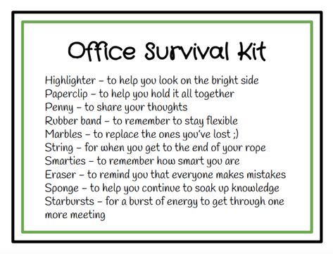 Supervisor Survival Kit Ideas, Office Survival Kit Funny, Office Emergency Kit Gift Ideas, Secret Work Buddy Gifts, Manager Survival Kit Ideas, Office Survival Kit Gift Ideas, Survival Kits For Coworkers, Funny Survival Kit Ideas, Mc Jokes