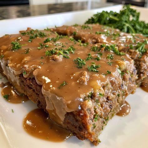 Meatloaf with Brown Gravy Recipe Mushroom Gravy For Meatloaf, Mushroom Brown Gravy, Mushroom Meatloaf Recipes, Meatloaf With Brown Gravy, Brown Gravy Meatloaf, Onion Soup Meatloaf Recipe, Brown Gravy Recipe Easy, Mashed Potatoes And Green Beans, Meatloaf With Gravy