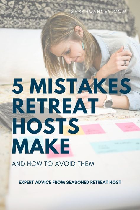 Hosting a retreat is a big undertaking. Avoid these common mistakes. https://sarahcanney.com/blog/five-retreat-mistakes Retreat Room Ideas, Womens Retreat Gifts, Vacation Content, Womens Retreat Themes, Retreat Planning, Retreat Activities, Retreat Themes, Mindfulness Retreat, Art Retreat