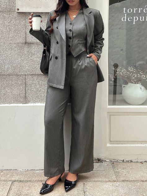 Plus Size Notched Collar Long Sleeve Button Front Minimalist Top And Pants Casual Suit Set Grey Elegant    Plain  Non-Stretch  Women Plus Clothing, size features are:Bust: ,Length: ,Sleeve Length: Court Attire, Court Outfit, Minimalist Top, Plus Size Suits, Single Breasted Coat, Elegant Skirt, Casual Suit, Pants Casual, Suit Set