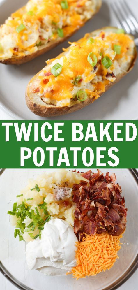 Twice Baked Potatoes are the perfect side dish for any time of year. Crispy potato skins filled with a creamy cheesy filling made from butter, sour cream, cheese, and bacon! Best Twice Baked Potatoes, Crispy Potato Skins, Fake Ginger, Baked Potato Skins, Potatoe Skins Recipe, Savory Meals, Potato Recipes Side Dishes, Dinner Meal, Side Dish Recipes Easy