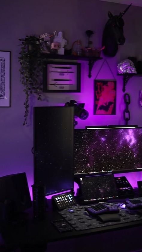 some darker setup vibes for you 💜🖤💜🖤 #nerd #gaming #setup #setupga... | TikTok Edgy Gaming Setup, Streaming Camera Setup, Youtube Camera Setup, Gothic Pc Setup, Cosy Gaming Setup, Gaming Room Setup Bedrooms, Gaming Setup Bedroom, Streamer Aesthetic, Streaming Room