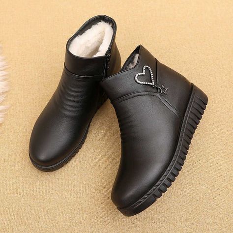 none Black Snow Boots, Ankle Flats, Warm Snow Boots, Casual Ankle Boots, Winter Shoes For Women, Boots Casual, Leather Boots Women, Snow Boots Women, Round Toe Heels