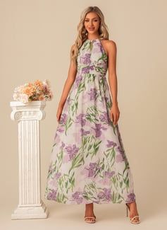 [US$ 54.00] A-line Halter Floor-Length Chiffon Bridesmaid Dress With Floral Print  - JJ's House Purple Floral Bridesmaid Dresses, Chiffon Maxi Dresses, Floral Bridesmaid Dresses, Halter Bridesmaid Dress, Spring Wedding Guest, Spring Wedding Guest Dress, Dress With Floral Print, Sleeveless Bridesmaid Dresses, Floral Bridesmaid