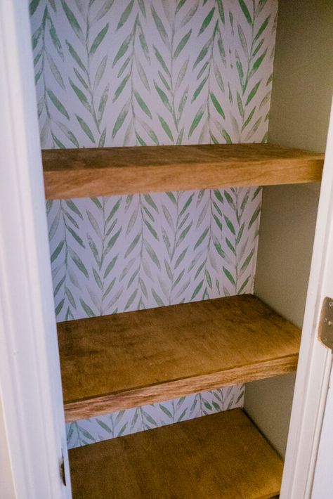 Small Pantry Makeover, Wooden Closet Shelves, Faux Floating Shelves, Small Closet Shelving, Homemade Shelves, Built In Wall Shelves, Small Closet Makeover, Closet Makeover Diy, Closet Redo