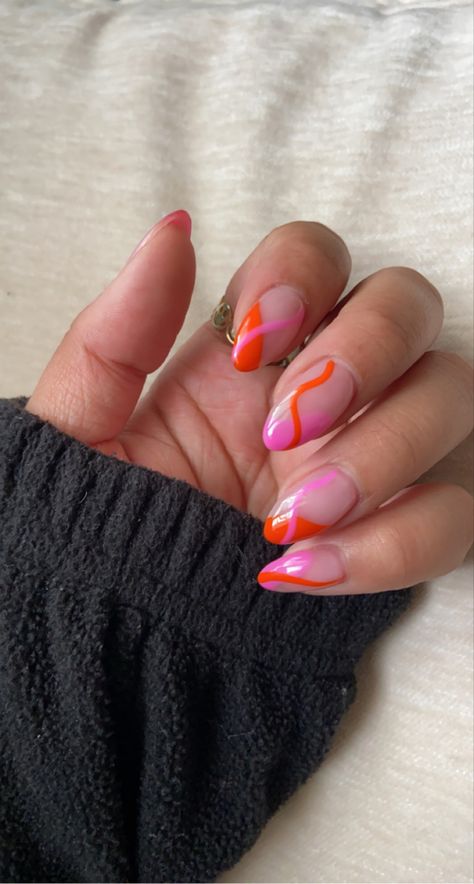 Pink And Orange Abstract Nails, Nails Inspiration Pink And Orange, Light Pink Orange Nails, Summer Nails 2023 Orange And Pink, Pink And Orange Manicure, Bright Almond Nails Designs, Orange And Pink Nails Ideas, Almond Nails Orange And Pink, Pink And Orange Spring Nails