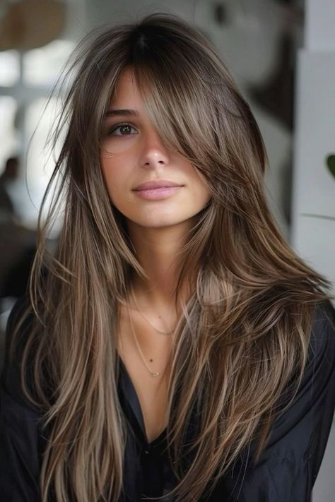 Full Layers Long Hair With Curtain Bangs, Hair Up Long Bangs, Long Fringes For Long Hair, Long Hair With Fringe Over 40, Long Brown Hair Fringe, Fresh Long Haircut, Long Sideswept Bangs Long Hair, Side Part Long Bangs Long Hair, Long Hair And Long Bangs