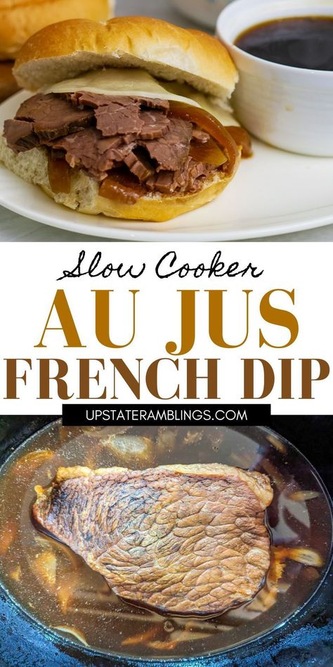 Slow Cooker au jus French Dip Beef Dip Au Jus, Slow Cooker Au Jus French Dip, French Dip Sandwich Crockpot Au Jus, Slow Cooker French Dip Sandwiches Au Jus, French Dip Au Jus, Slow Cooker French Dip, Fall Slow Cooker, Beef Sandwich Recipes, Campbells Recipes