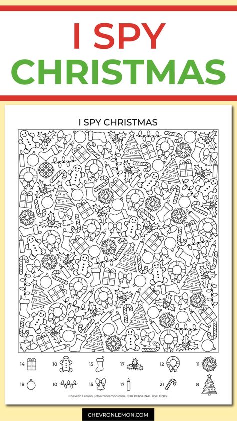 Free printable I spy Christmas - Chevron Lemon Find The Difference Christmas Printables, Christmas Puzzles Printables, Christmas Activity Sheets, I Spy Christmas, Christmas Crossword, Christmas Printable Activities, Christmas Maze, Christmas Word Search, Christmas Activity Book