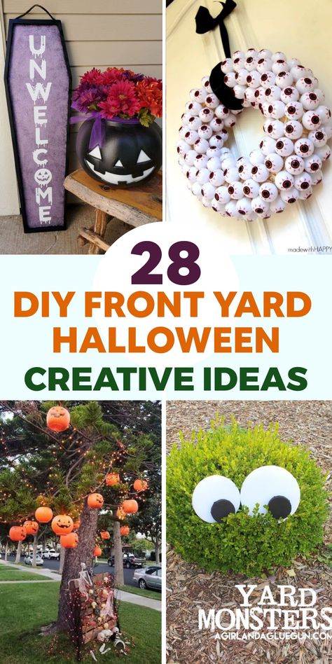 Elevate your outdoor space this Halloween season by using simple DIY decorations to create a spooky and inviting atmosphere in your front yard. Impress all the trick-or-treaters in your neighborhood with creative ideas like setting up a charming pumpkin patch or crafting eerie tombstones from cardboard. Embrace the spirit of Halloween and transform your home into a festive wonderland that will be the talk of the town. Front Yard Halloween, Front Yard Halloween Decorations, Halloween Wonderland, Diy Front Yard, Halloween Yard Signs, Simple Decorating, Pumpkin Topiary, Homemade Halloween Decorations, Planting Pots