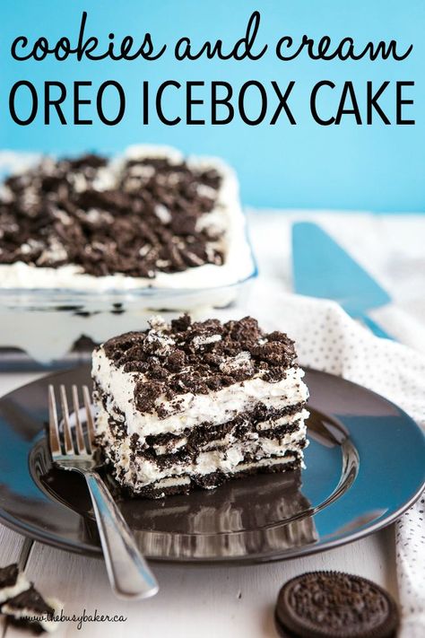 This Easy No Bake Cookies and Cream Oreo Icebox Cake is the perfect creamy no bake summer dessert! Only 4 ingredients required! Recipe from thebusybaker.ca! #oreo #iceboxcake #nobake #cheesecake #dessert #sweet #barbecue #poolparty #summer #summerdessert Oreo Icebox Cake, No Bake Vanilla Cheesecake, Easy No Bake Cookies, No Bake Summer Desserts, Icebox Cake Recipes, Cheesecake Dessert, Easy No Bake, Easy No Bake Desserts, Icebox Cake