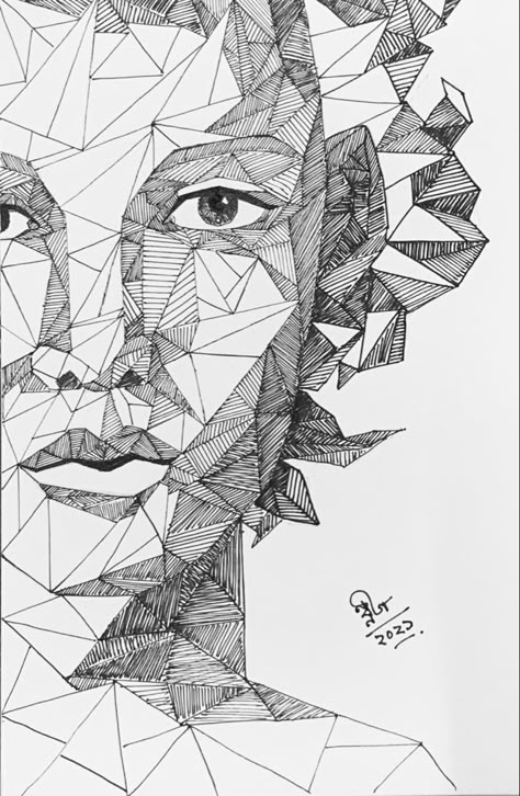 Geometric portrait. Made with micron pen . easy to draw. Geometric Portrait Drawing, Pen Pencil Drawing, Geometric Portrait Drawing Faces, Abstract Pencil Drawings Inspiration, Geometric Face Drawing, Easy Geometric Drawings, Geometric Face Art, Easy Pen Sketches, Geometrical Drawing