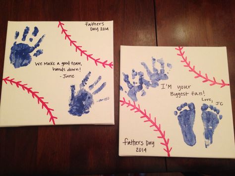 DIY baseball canvas for Father's Day ! Baseball Canvas, Diy Father's Day Crafts, Dad Crafts, Fathers Day Art, Father's Day Activities, Diy Father's Day Gifts, Handprint Crafts, Daycare Crafts, Father's Day Diy