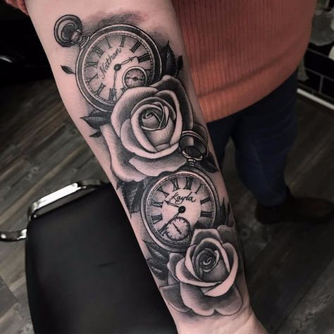 Roses and watches by Ross Nagle #RossNagle #blackandgrey #realism #realistic #roses #leaves #watches #stopwatch #text #names #script #time #nature #floral #tattoooftheday Pocket Watch Tattoo Design, Clock And Rose Tattoo, Watch Tattoo Design, Tato Ikan Koi, Pocket Watch Tattoos, Tattoos With Kids Names, Mommy Tattoos, Inspiration Tattoos, Floral Tattoo Sleeve